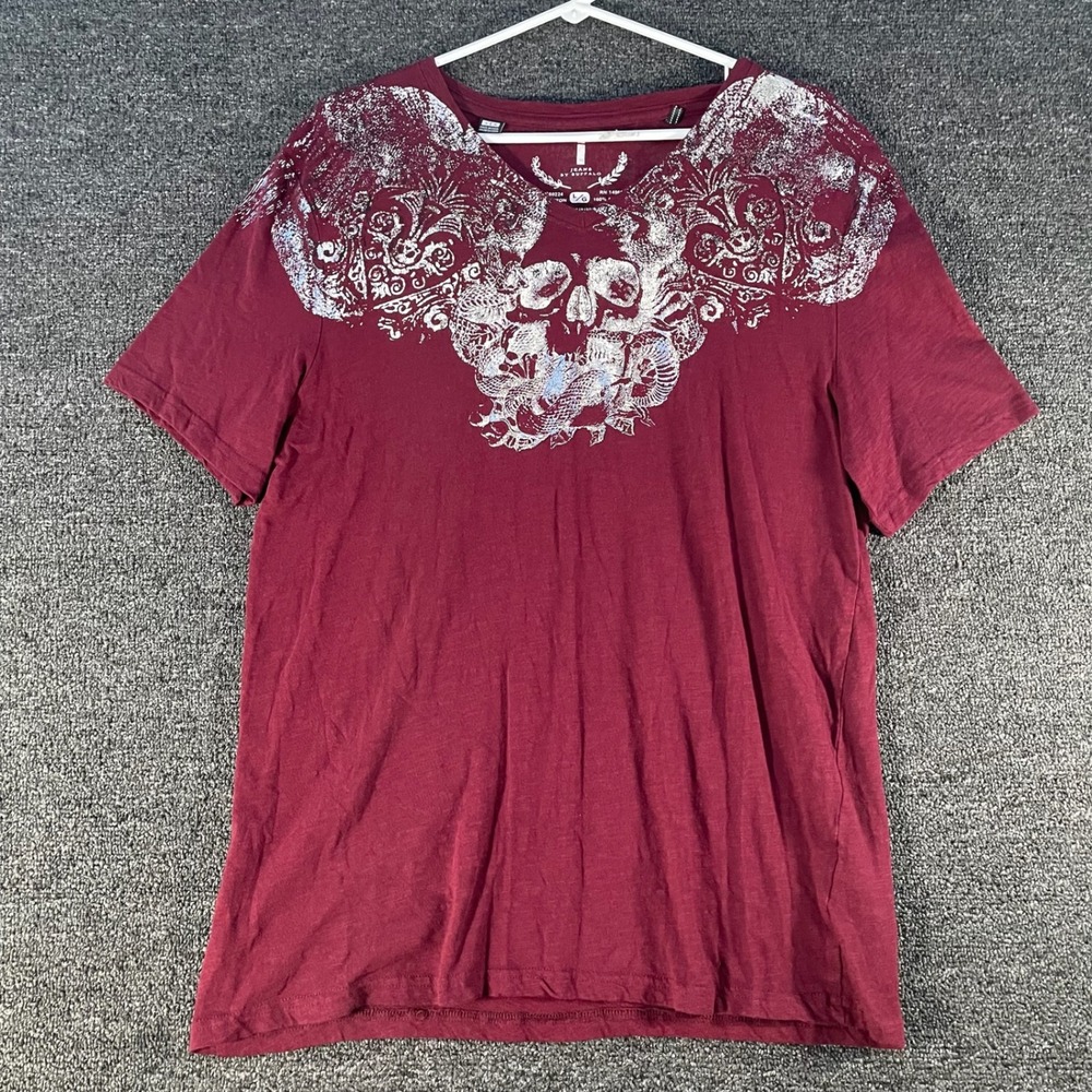 Y2K Skull Graphic Tee Womens Large Burgundy Silver Foil V-Neck Jeans by Buffalo
